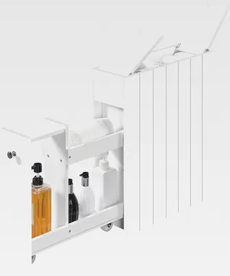 Produktbild von Nischenregal Badezimmerschrank, Schmaler Beistellschrank Badschrank mit Schubladen und Rollen, Unterschrank für Toilettenpapier, Weiß