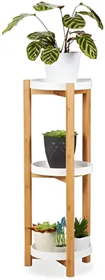 Produktbild von PolkaHome® Runde Pflanzenbank mit 3 Etagen aus Bambus und MDF, modernes Design für Innen, Höhe 79 cm, Durchmesser 30 cm, natur/weiß