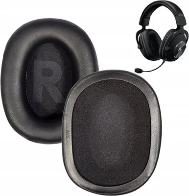 A pair of black ear pads and a black headset are shown against a white background.