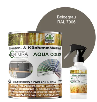 Produktbild von 750ml. + Anlauger - Contura Küchenmöbellack RAL Möbellack SEIDENMATT SET Möbelfarbe Holzlack Buntlack Küchenlack - RAL 7006 Beigegrau
