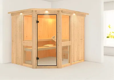 Produktbild von Elementsauna Karibu Omelia 3 ohne Ofen mit Dachkranz und bronzierter Ganzglastüre