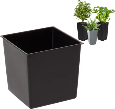 A large black square planter is shown in the foreground, with three smaller planters containing plants in the background.