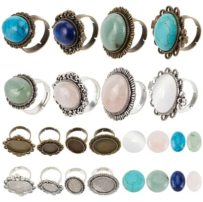 Productafbeelding van Ringbodemset - 16-delig, met 8 verstelbare ringzettingen en cabochons - voor sieradenproductie - antiek design, ovaal en rond