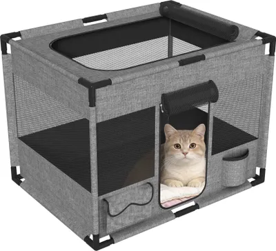 Obrázek produktu pro UISEBRT Čtvercový výběh pro zvířata 85 x 65 x 65 cm, šedý, stabilní PVC rám, 600D Oxford, prodyšný, boční kapsy, pro psy a kočky, pro vnitřní i venkovní použití