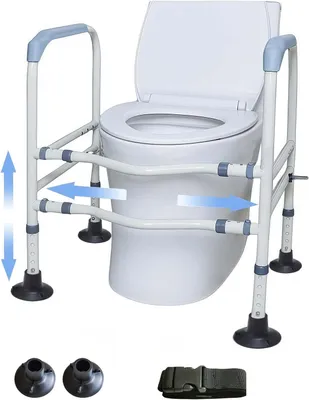Imagen del producto de Asiento elevador ajustable para inodoro, con una altura de 63-74 cm, un ancho de 55-60 cm y barras antideslizantes para el inodoro