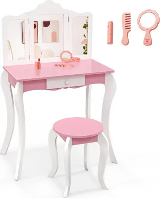 Produktbild von 2 in 1 Kinder Schminktisch mit Hocker & 3-Fach Abnehmbarem Spiegel & Schublade Frisiertisch