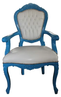 Produktbild von Barock Esszimmerstuhl Blau / Weiß Lederoptik mit Armlehnen