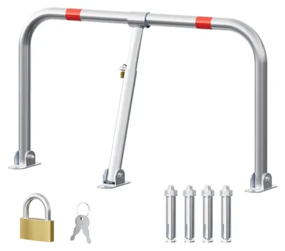 Produktbild von Wiltec Parkplatzbügel umklappbar 80,5 x 44,5 cm, mit Vorhängeschloss u. 3 Schlüsseln, Parkpfosten zur Sicherung des Parkplatzes, Sperrbügel aus Stahl