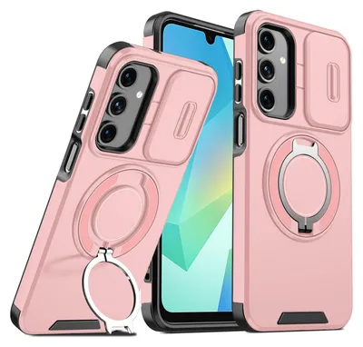 Obrázek produktu pro Dvouvrstvé pouzdro pro Samsung Galaxy A16 5G/4G, s posuvným krytem fotoaparátu a magnetickým kroužkovým stojánkem Růžový