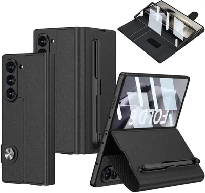 Immagine prodotto di Custodia per Samsung Galaxy Z Fold 6 Cover in pelle con protezione dello schermo, supporto, tasca per carte, chiusura magnetica e portapenne nero