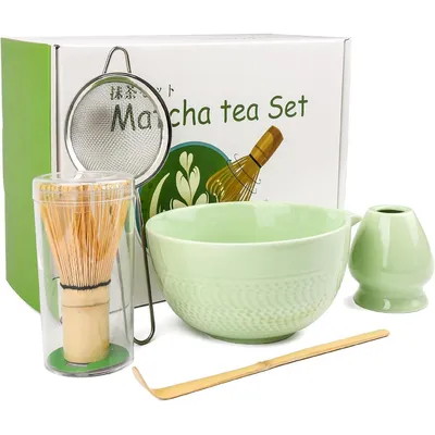 Produktbild von 5-teiliges Matcha-Tee-Set – Bambus-Schneebesen, Löffel, Edelstahlsieb, 580 ml Keramikschüssel und Schneebesenständer – Premium-Matcha-Set