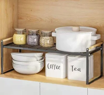 Imagen del producto de Organizador de estante para encimera de cocina Unyqoos® – 51 x 21 x 20 cm, de pie, metal y madera, apilable, color , ideal para armarios de cocina