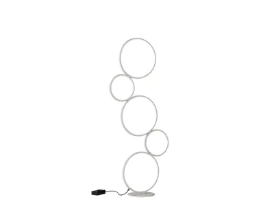 A modern floor lamp with multiple circular elements arranged vertically.