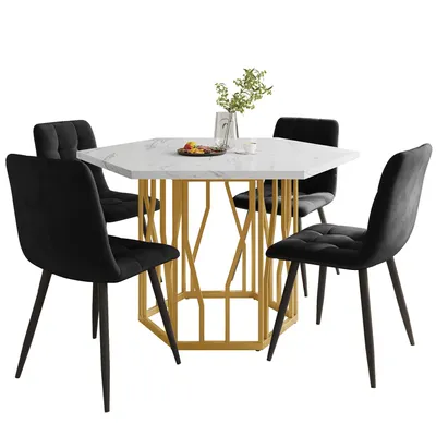 Produktbild von Esstisch- und Stuhlset (5-teiliges Set), moderner sechseckiger Marmor-Esstisch + 4 Esszimmerstühle aus schwarzem Samt, Goldfarbene Tischbeine