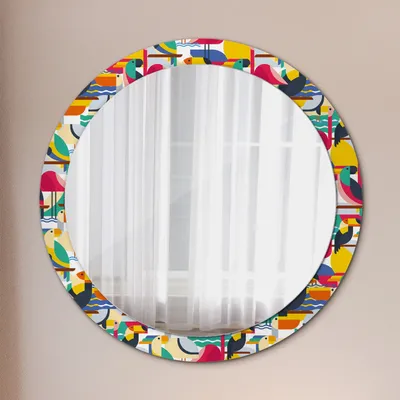 Produktbild von Spiegel Rund mit Aufdruck - Wandspiegel Design Wandmontage – Badspiegel - Rundspiegel - Geometrisch Tropisch Vögel - Rund: Ø90cm
