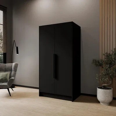 Produktbild von Drehtürenschrank PAVIA 100 cm Moderner Kleiderschrank mit glatten Türen, Schwarz mit schwarze Griffe