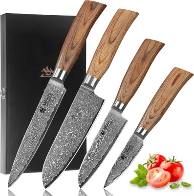 Produktbild von Wakoli Edib Pro 4er Damastmesser-Set I Holzbox I 8-17cm Klinge I Pakkaholzgriffe