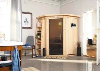 Produktbild von Elementsauna Karibu Callinan inkl. 9 kW -Ofen und externe Steuerung mit Dachkranz und graphitfarbeneer Ganzglastüre