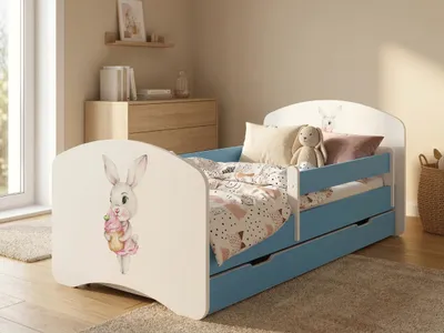 Immagine prodotto di Lettino Happy Babies Lettino Happy con sponde di sicurezza e cassetto Lettino per bambine 140x70 con materasso, blu Lettino Principessa