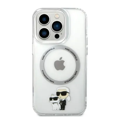A clear, professional shot of an iPhone 14 Pro case with Karl Lagerfeld and Choupette graphics.