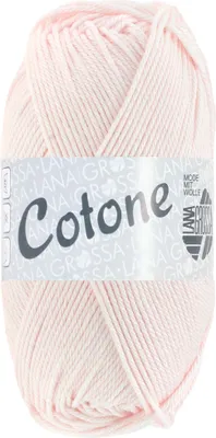 A ball of light pink yarn with a label wrapped around it.