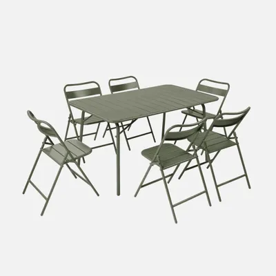 Produktbild von sweeek - Klappbarer Gartentisch aus Stahl + 6 Stühle - Khaki