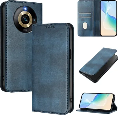Obrázek produktu pro Pouzdro pro Realme Narzo 60 Pro/Realme 11 Pro/Realme 11 Pro+, vintage kožené pouzdro s RFID ochranou, přihrádkami na karty, stojánkem Modrý