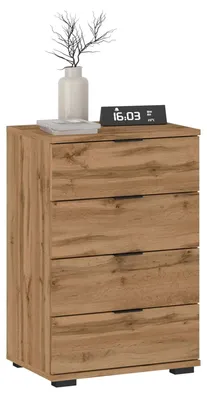 Produktbild von Nachttisch PIANO Wotan Eiche, Nachtkommode für Boxspringbetten, Nachtschrank mit 4 Schubladen und Griffen aus Kunststoff, Korpus aus MDF/Spanplatte