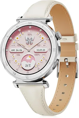 Produktbild von Smartwatch Damen 1,19 Zoll AMOLED, Bluetooth Anrufe, 120+ Sportmodi, Herzfrequenz, SpO₂, Schlafmonitor, IP68, Lederarmband, iOS