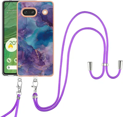 Produktbild von Google Pixel 7A Handykette Hülle, Muster TPU Bumper Schutzhülle mit verstellbarem Tragegurt für Google Pixel 7A Lila
