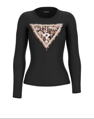 Image de T-shirt Guess LS CN LEO TRIANGLE TEE pour femme, noir : Taille - S Taille : S
