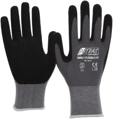 A pair of black and gray work gloves are displayed against a white background.
