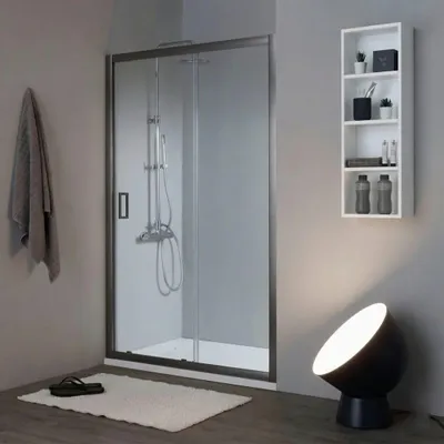 Produktbild von Duschabtrennung für Nische 100 cm mit 1 Fest- und 1 Schiebetür, 6 mm Sicherheitsglas, Gun Metal Profile, leises Öffnen, Schnellverschluss, City
