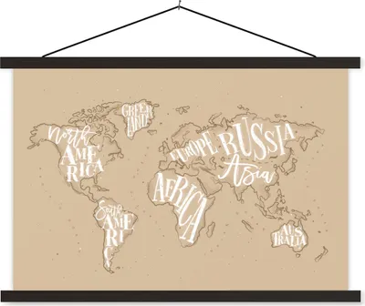 Produktbild von MuchoWow® Textilposter Weltkarte - Buchstaben - Weiß 120x80 cm mit schwarzem Rahmen - Wanddeko