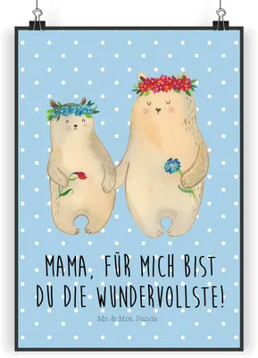 Produktbild von Mr. & Mrs. Panda Bild Bären mit Blumenkranz DIN A5 - Blau Pastell - Geschenk, Wanddekoration, Family, Plakat, drucke, Kinder, Muttertag, wanddeko, Wandbild