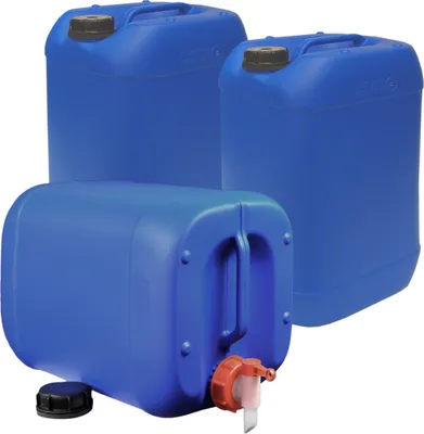 Immagine prodotto di 3x 25 litri di taniche per acqua potabile con 1 rubinetto e 3 tappi a vite (DIN 61) | Sicuro per gli alimenti | Senza BPA | Portatile | Per interni ed esterni | Blu