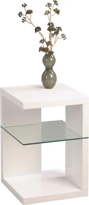 Produktbild von Beistelltisch / Nachttisch Domingo in weiß Hochglanz - Holz, Glas - 40x40x60cm