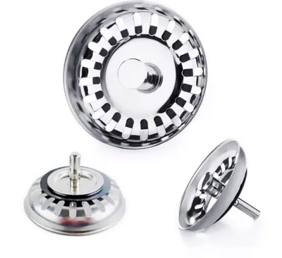 Three views of a stainless steel sink strainer.
