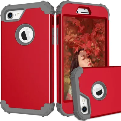 Produktbild von iPhone 8 Hülle, LaimTop Heavy Duty 3 in 1 Hybrid Hart PC Flexibel TPU Silikon Stossfest Kratzfest Tasche Schutzhülle für iPhone 7 / iPhone 8 Rot