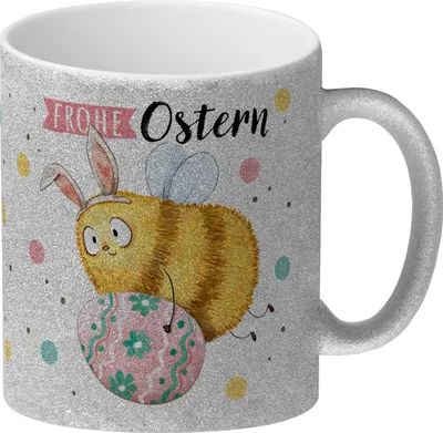 Produktbild von Pummel Biene Glitzer-Kaffeebecher mit Spruch Frohe Ostern