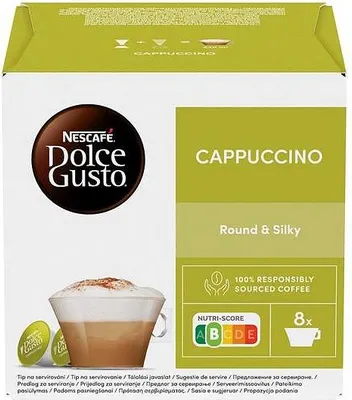 A box of Nescafé Dolce Gusto Cappuccino coffee pods.