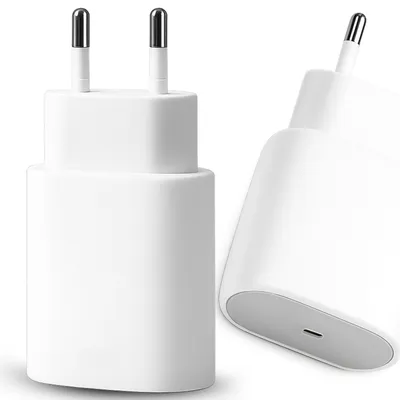 Two white USB-C power adapters are shown against a white background.