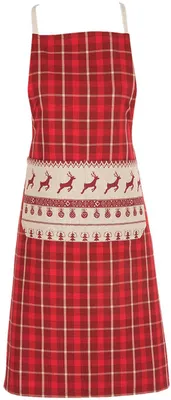 Imagen del producto de Delantal de cocina Unyqoos® Clayre & Eef, 70x85 cm, de algodón ajustable, color rojo/beige, con motivos navideños nórdicos de renos y con bolsillo, estilo rústico