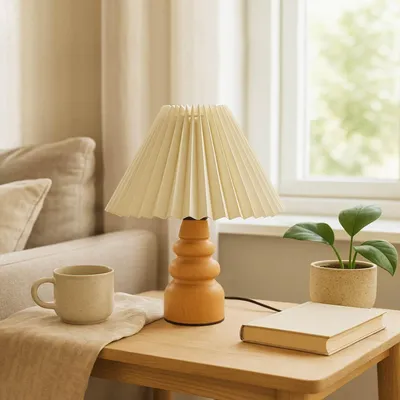 Produktbild von Opviq, Hochwertige Tischlampe mit Holzgehäuse, Ø22 h:14 cm, Höhe: 32 cm, Kabel: 150 cm, E27 Fassung, max. 40 W, Creme und Eiche, skandinavisches Design, IP20.