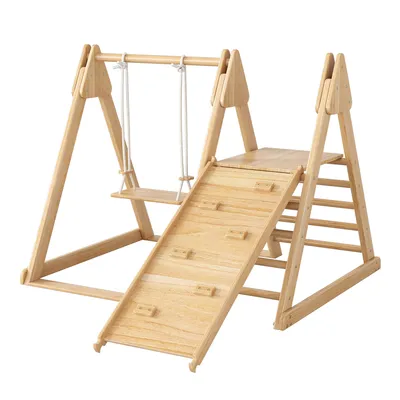 Produktbild von 3 in 1 Kinderrutsche mit Klettergerüst Schaukel Rutsche Aus Massiver Kiefer Sperrholz Kinderrutschen-Set Kombispielzeug für Drinnen
