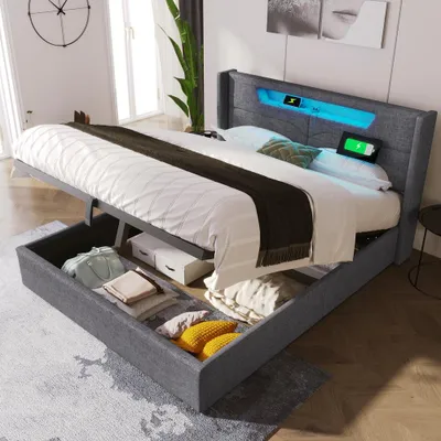 Productafbeelding van Boxspringbed 140x200 cm in grijs, met lattenbodem, opbergruimte, LED-verlichting, USB- en Type C-aansluitingen, bedframe van linnenstof met hoofdeinde