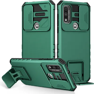 Immagine prodotto di Custodia per Motorola G Pure robusta a doppio strato, protezione militare con kickstand e protezione scorrevole per la fotocamera verde