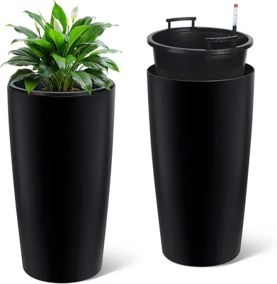 Zdjęcie produktu dla Donice zewnętrzne – samonawadniające – 76 cm – zestaw 2 sztuk – wkładka wewnętrzna – wskaźnik poziomu wody i system drenażu – kolor czarny