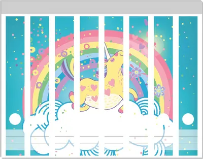 Produktbild von Wallario Ordnerrücken Sticker, selbstklebend für schmale Ordner, 8 Stück, Motiv Lustiges Einhorn auf einer Wolke vor Regenbogen