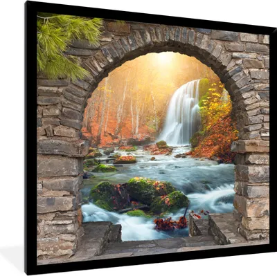 Produktbild von MuchoWow® Gerahmtes Poster Aussicht - Wasserfall - Herbst - Landschaft 40x40 cm - Poster mit Schwarzem Bilderrahmen Wandposter Rahmen Foto Bilder - Mit Rahmen - Wanddekoration Schlafzimmer